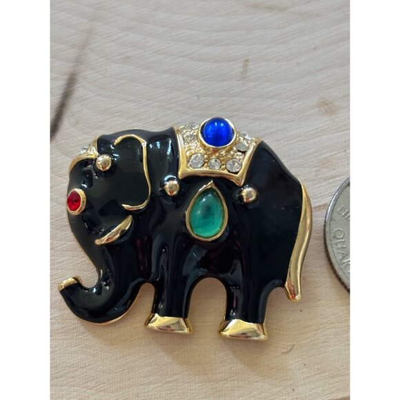 Vintage  Jeweled Elephant Brooch – Black Enamel, Rhinestones & Bold Cabochons - Picture 2 of 9